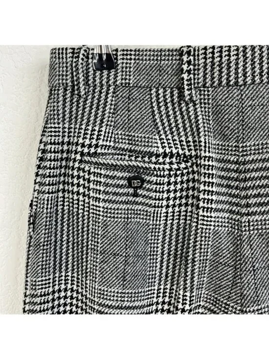 DOLCE & GABBANA Flared Glen Plaid Pants Wool Houndstooth Wide Leg Pants Logo D&G